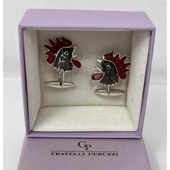 Rooster Cufflinks 925 STERLING SILVER Fratelli Peruzzi Handcrafted in Italy - Picture 1 of 16